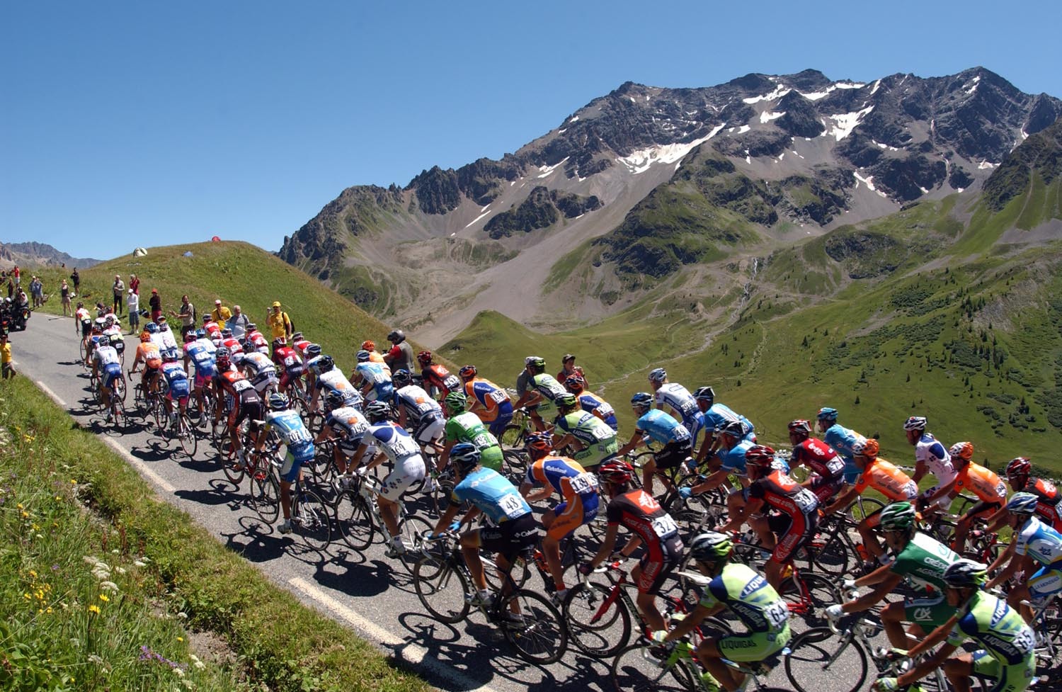 THE PELOTON CLIMBS THE COL DU GALIBIER ON STAGE SEVENTEEN OF THE 2008 TOUR DE FRANCE