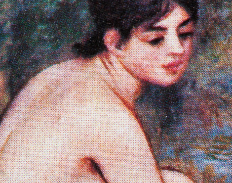 EQUATORIAL GUINEA - CIRCA 1974: A stamp printed in Equatorial Guinea dedicated to the female nude in art history shows naked woman in a landscape by Renoir, circa 1974
