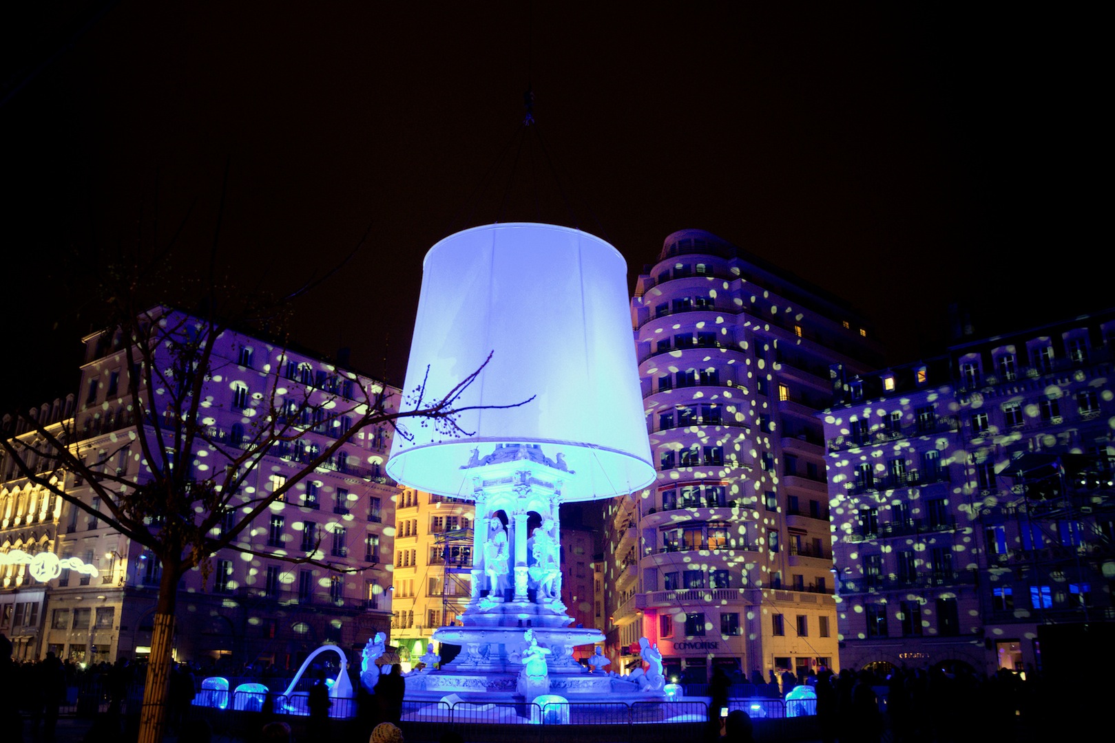 YON, FRANCE - DECEMBER 6, 2014: street view of Festival of Lights in Lyon, France. The origins of the Fête des Lumières date to 1643.